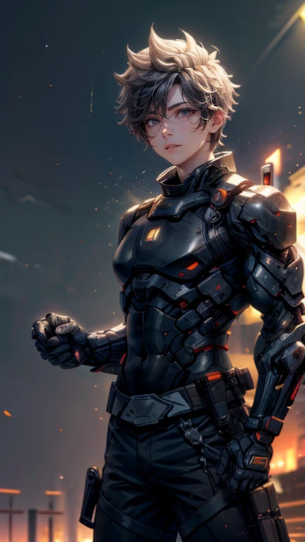 The young Samurai has messy hair, wears a gray sweater that says "HEROES", dark brown leather pants with lots of pockets. Adventurer's shoes, carrying a samurai on his back, hands crossed on his chest, there is a flash of lightning, alert pose, face facing the camera, skyscraper background and shades of black with gold gradations at night. fullbody