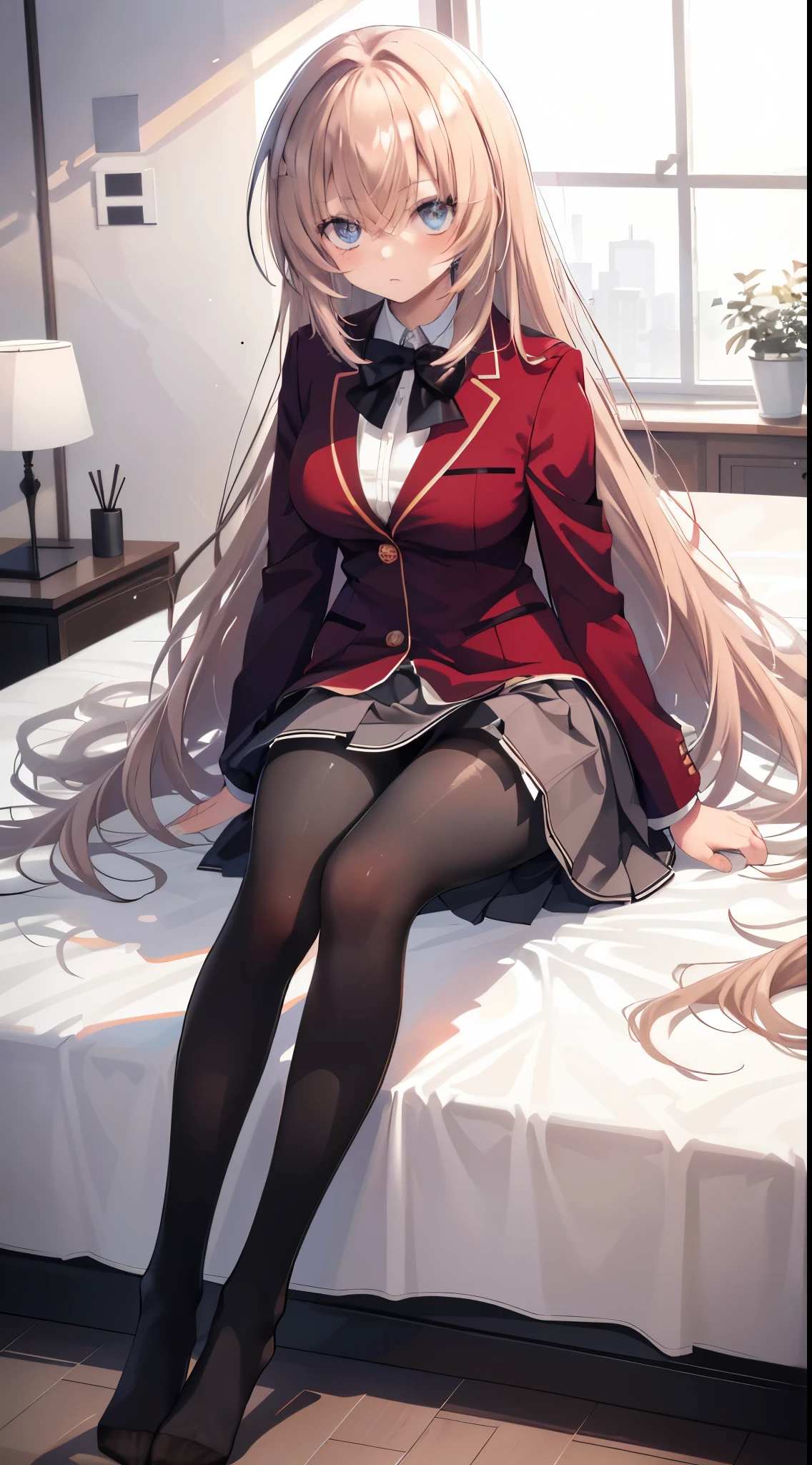 finest, masterpiece, High resolution, (Full body view from head to toe), front, frontやや下からの構図, Symmetrical, 18 year old girl, alone, (whole body from head to toe), small breasts, brown hair, slightly messy hair, long hair, bangs, (black tights), ( (black pantyhose), black pantyhose, sitting with legs spread in the bedroom, (M-shaped legs), show me your white panties, Slender legs, とても美しい18 year old girl, (not wearing shoes), blush, shy big eyes, messy hair, looking at camera, Blazer uniform appearance、Checkered pleated skirt