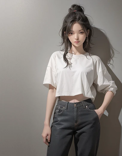 16 year old teenage woman. Morocha. Short stature. Cabello negro con dos colitas. Cuerpo delgado. Buen cuerpo campera recortada. Abdomen desnudo. Hip pants. Pierna gruesas.