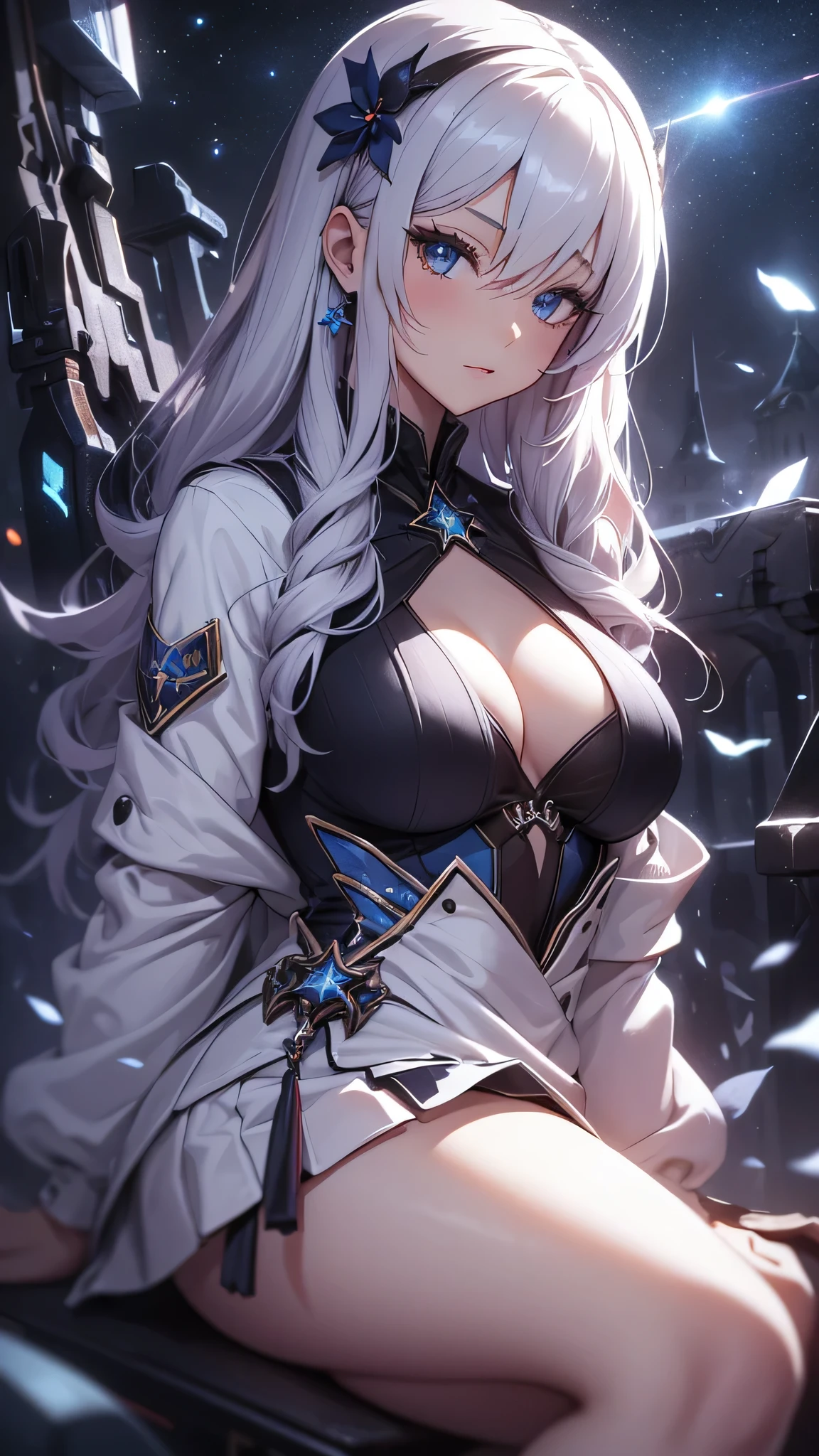 最high quality、best image quality、masterpiece、age girl((18-year-old、 By becoming、vest bust、medium bust,wide open breast tea、black eye, gray hair、long hair、thin,highest valley、Love of the Universe、Cosmic dress、sit、open your legs、Bad attitude)),high quality、beautiful art、background((glowing chair,Lunar surface、Mysterious space))debris flies、Depth of written boundary、movie、visual art、perfect art、8K,genuine