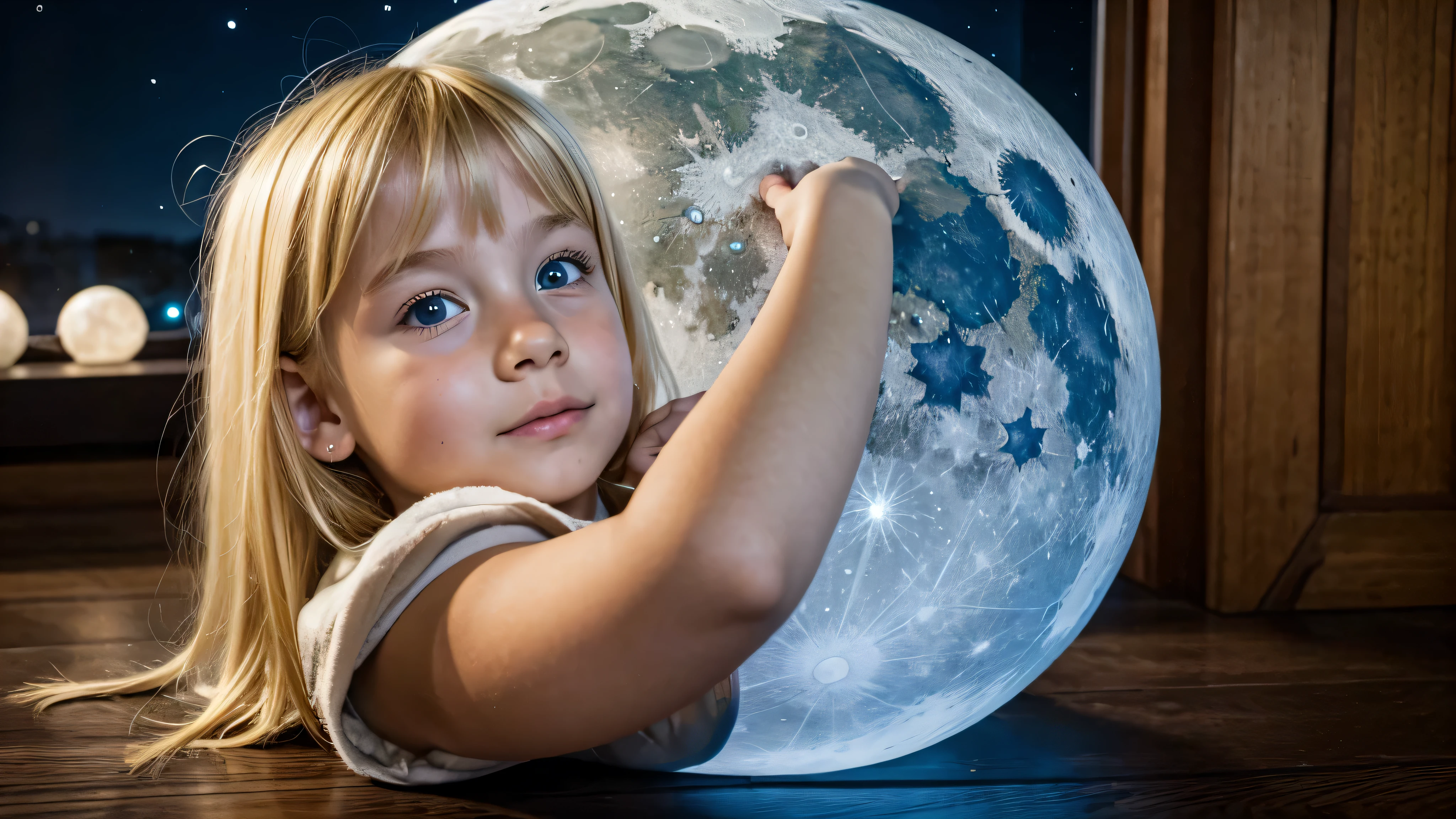 a girl BLONDE CHILD WITH LONG STRAIGHT HAIR, PORTRAIT, from a lamp with a wooden stand on a table, big moon, moon light, moon lighting, full moon lighting, mood light, made of bright wax and ceramic, moon glow, orb, moon backlight, soft moon lighting, moon light, yellowish full moon, at night with moonlight, big moon, moon shining golden light