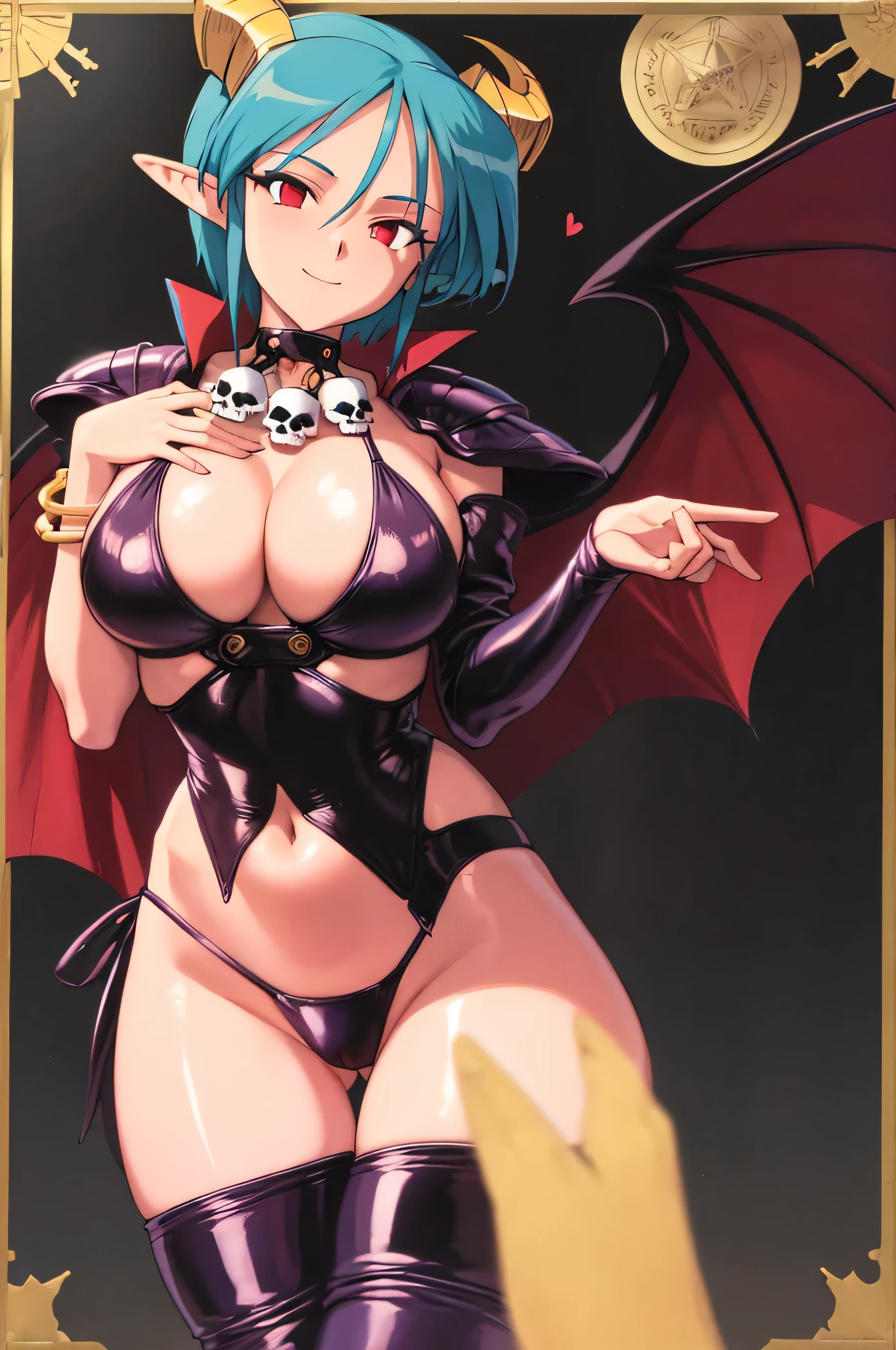 Karelavi, 1 girl, alone, shoulder armor, cape, bangle, (head, With skull decoration), (Purple Leather Bikini, super high leg), (I can see the hollow of her pussy, in bikini pants), thin tail, like a whip, There is a heart-shaped protrusion at the tip), large demonic wings, elbow bag, thigh boots, smile, cleavage, black background, magic circle, 1990s (style), retro artstyle