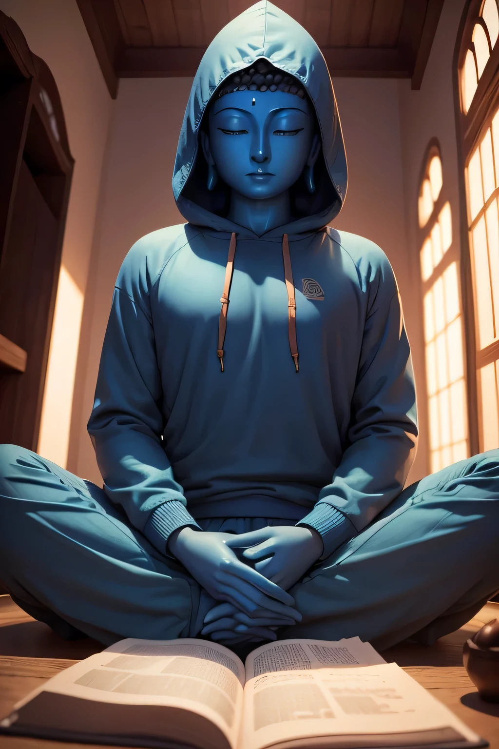 There is a blue Buddha statue facing the front and wearing a hoodie hood,Buddha, Buddha, Buddhism, beautiful images,Buddha,Buddha