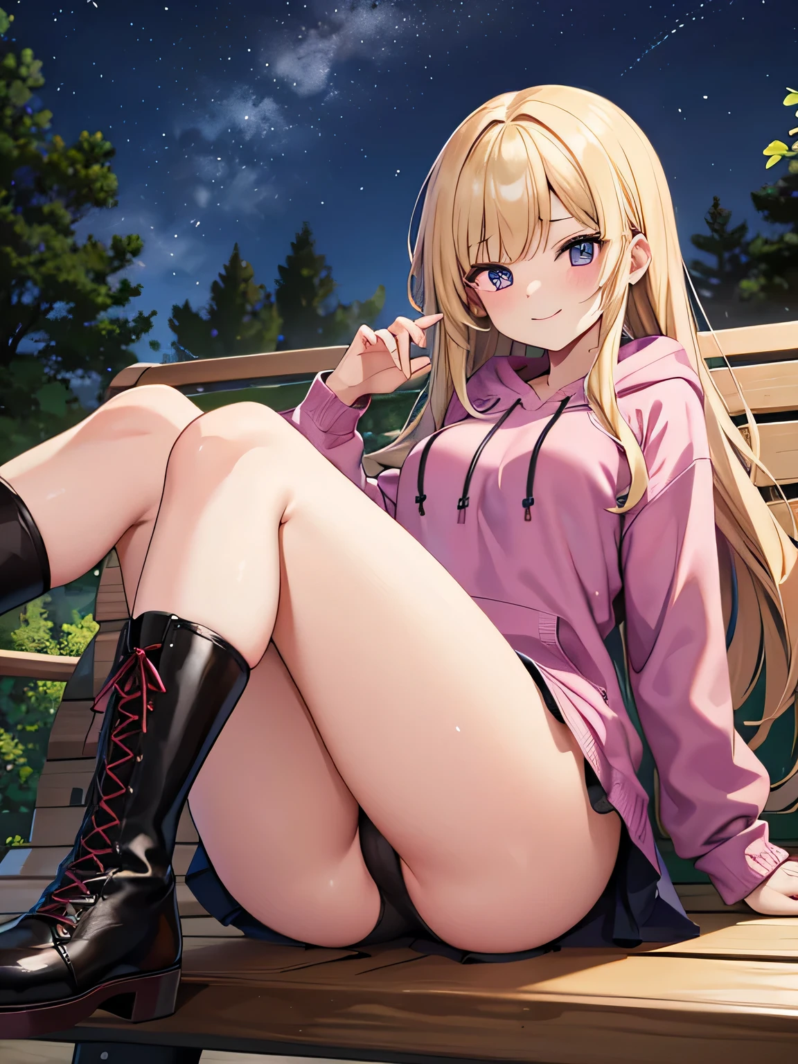 (1) A woman is sitting cross-legged on a bench. The color of the visible pants is red..
(2) She's a gal, Baby-faced but with heavy makeup. she has long blonde hair.
(3) The woman is wearing a shocking pink hoodie, Purple miniskirt and brown platform boots.
(4) The woman's expression is a smile.
(5) The location is a park bench at night surrounded by a forest..
