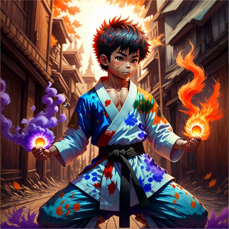 painting of a boy in karate gear holding a fireball, makoto oil painting, inspirado em Chen Jiru, detailed bushido form smoke, inspirado em Liao Chi-chun, pose de arte marcial, pintura digtial, pintura digital de alta qualidade, estilo de pintura digital, Dobra de fogo, inspirado em Gatoken Shunshi, digital art oil painting