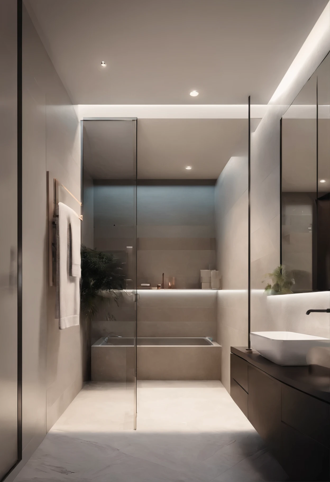 Light luxury style bathroom, Shot with a 50mm lens, depth of field, tilt blur, Shutter speed 1/1000, lightmap,Surreal,8K,Film graininess,Wide-angle lens