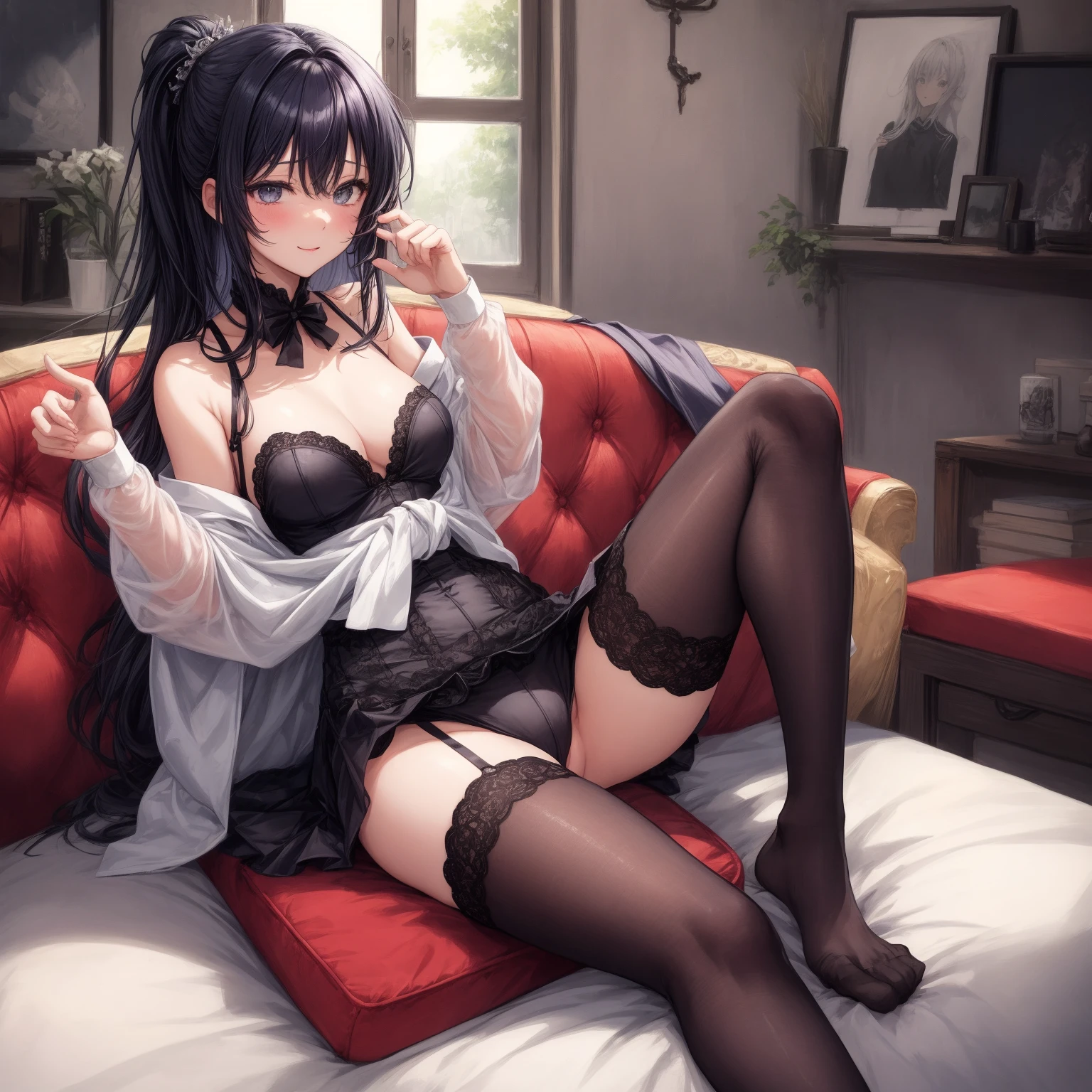 A woman wearing a sexy costume is sitting on a sofa, 白いstockingsを履いたアニメバービー, 8K high quality detailed art, stockings, surrealist female student, small details. front of girl, wlop and sakimichan, 絹のstockings, フルレングスと白いstockings, surrealist female student, seductive anime girl, Reuss and Volop's Stroke Perspective