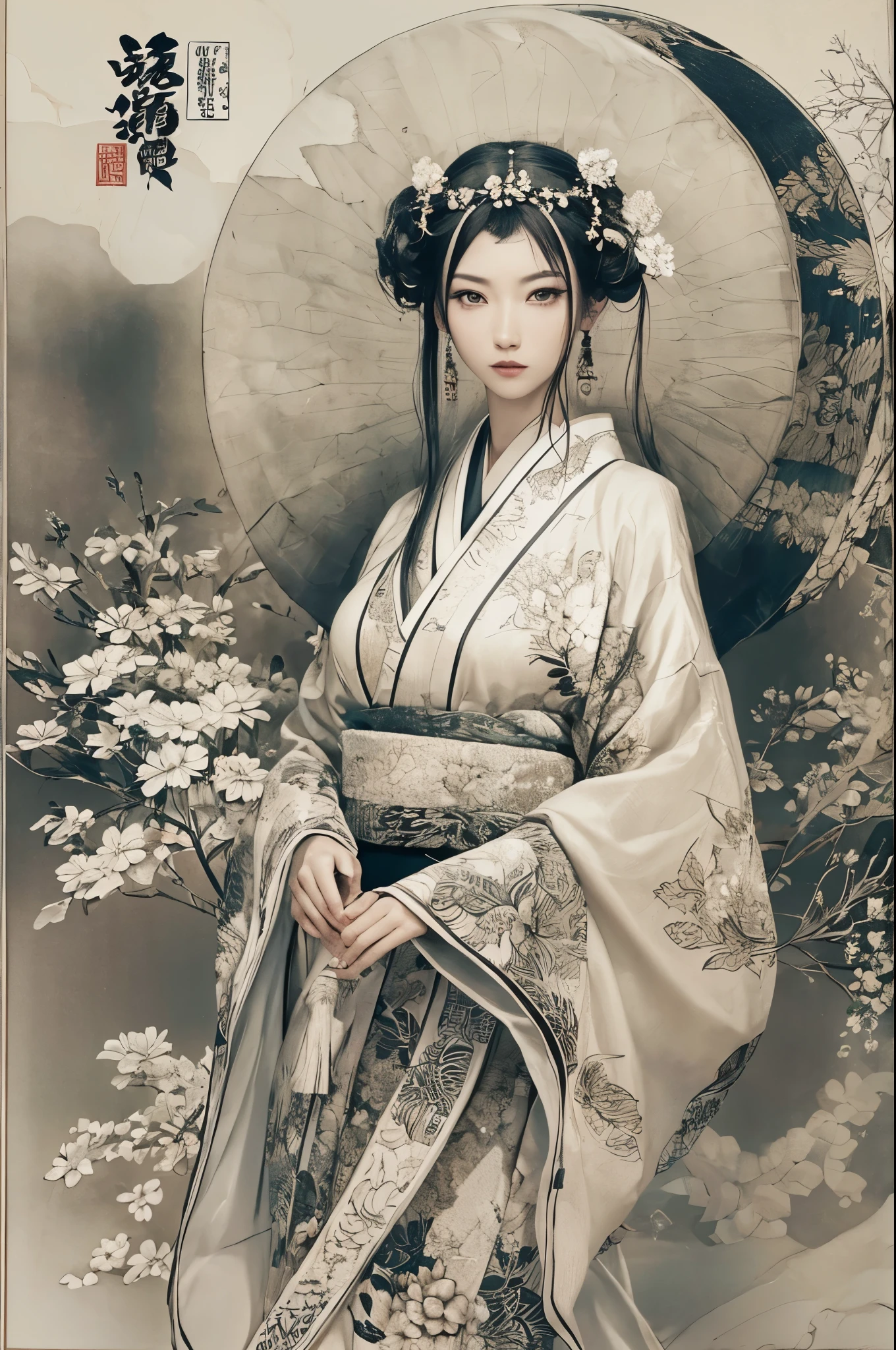 Umalinda warrior sexy, pretty face, Delicious Company, alluring figure, Wearing a sexy open kimono.

The artwork is created in a medium reminiscent of Japanese ink paintings....., 具有大胆的笔触和Monochromatic color palette. artist&#39;Masterful technique reveals the intensity and power of the image&#39;The presence，with the highest quality, Perfectly capture every detail with ultra-high resolution. Textures and intricate patterns on kimonos are rendered with extreme precision. The lighting has been carefully designed，Enhance drama, Features deep shadows and subtle highlights.

General, The artwork exudes elegance and power, Combining traditional Japanese aesthetics with a modern feel. Monochromatic color palette, Combine details, Create captivating and immersive experiences for your audience.