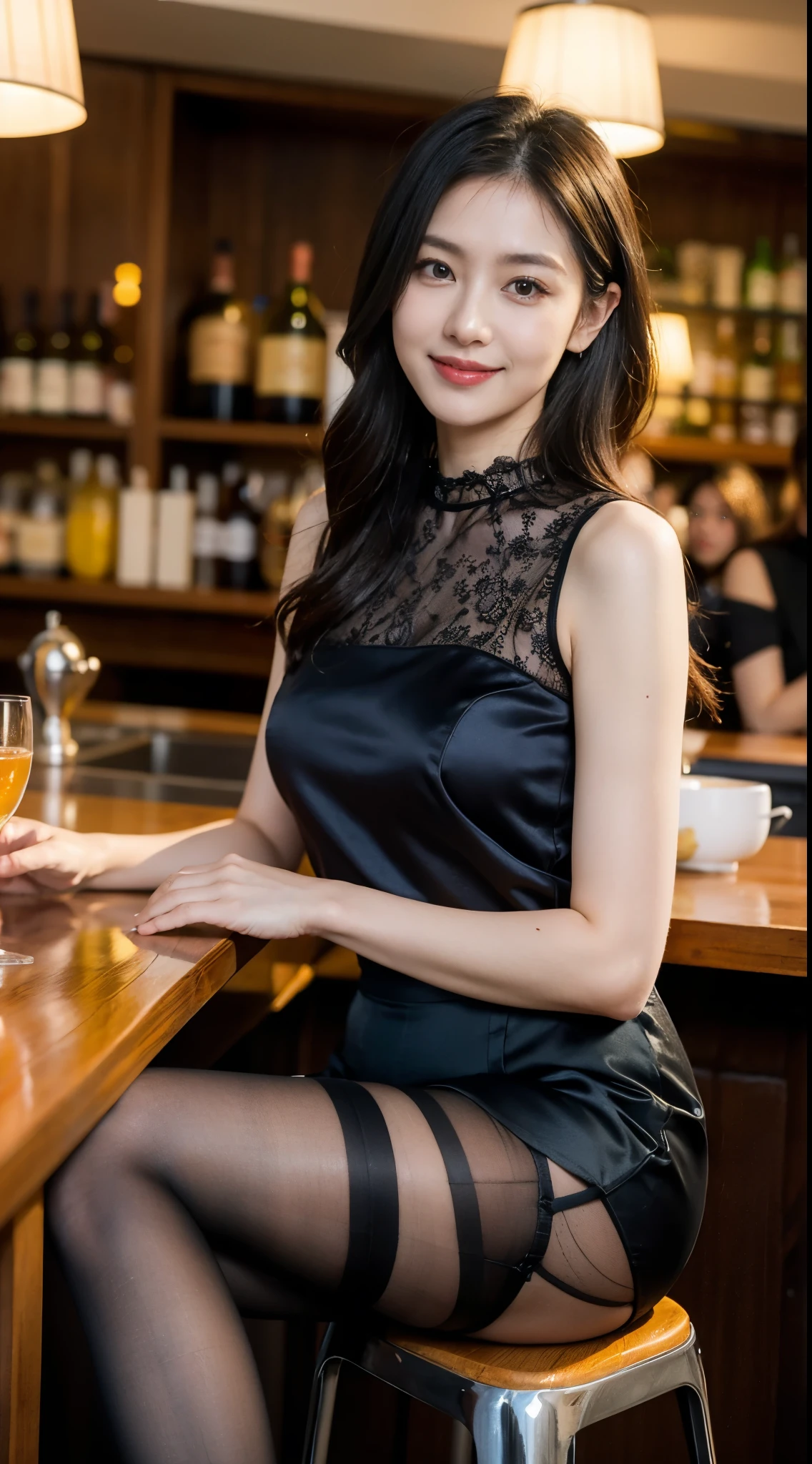 Ulchan-6500-v1.1, (RAW photo:1.2), (Photoreal), (genuine:1.4), upper class bewitching woman、１mature woman、(luxury sleeveless silk blouse:1.2), (super realistic pantyhose:1.2), (Long skirt in satin fabric:1.2)、small luxury lace panties、Pantyhose Focus、Sit at the bar counter、cross your legs、an inviting look、game_ticker, huge file size, High resolution, very detailed, highest quality, [masterpiece:1.6], enlightenment, very detailed,  finely, highest quality, 8k wallpaper, movie lighting, 1 mature woman, 42 years old, perfect body shape, Sareme, beautiful big eyes、Pieck finger, ((muste piece)), highest quality, 1 girl, eye shadow, portrait, ((full body shot:1.1))、(very affectionate smile:1.2)、realistic skin texture、shiny skin、exposed thighs!!!