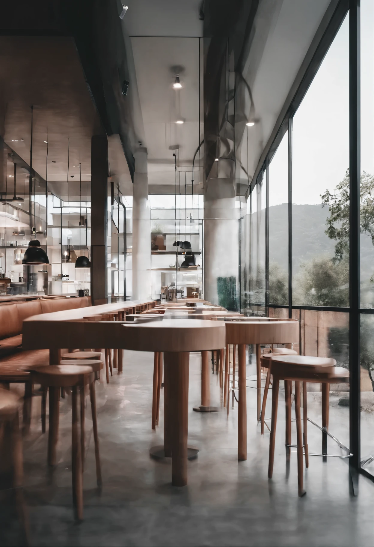 Light luxury style restaurant， Shot with a 50mm lens, depth of field, tilt blur, Shutter speed 1/1000, lightmap，Surreal，8K,Film graininess，Wide-angle lens