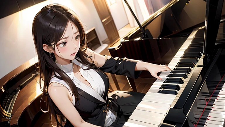 (8K), (best quality), (muste piece: 1.2)　Sexy female pianist playing the piano in front of the orchestra　sweat on forehead　screaming　painful expression