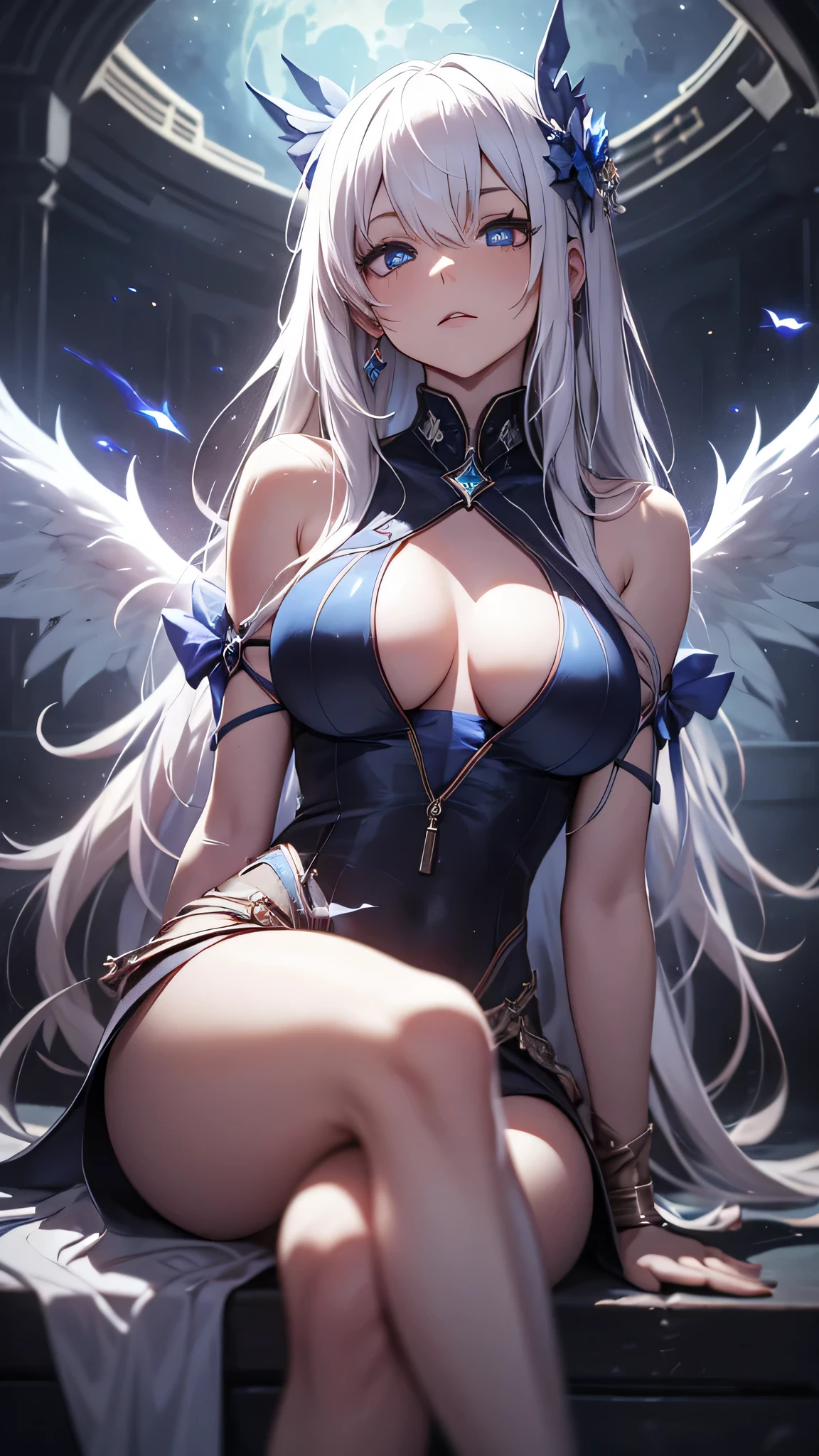 最high quality、best image quality、masterpiece、age girl((18-year-old、 By becoming、vest bust、medium bust,wide open breast tea、black eye, gray hair、long hair、thin,highest valley、Love of the Universe、Cosmic dress、sit、open your legs、Bad attitude)),high quality、beautiful art、background((glowing chair,Lunar surface、Mysterious space、dancing white wings、glowing laser))debris flies、Depth of written boundary、movie、visual art、perfect art、8K,genuine