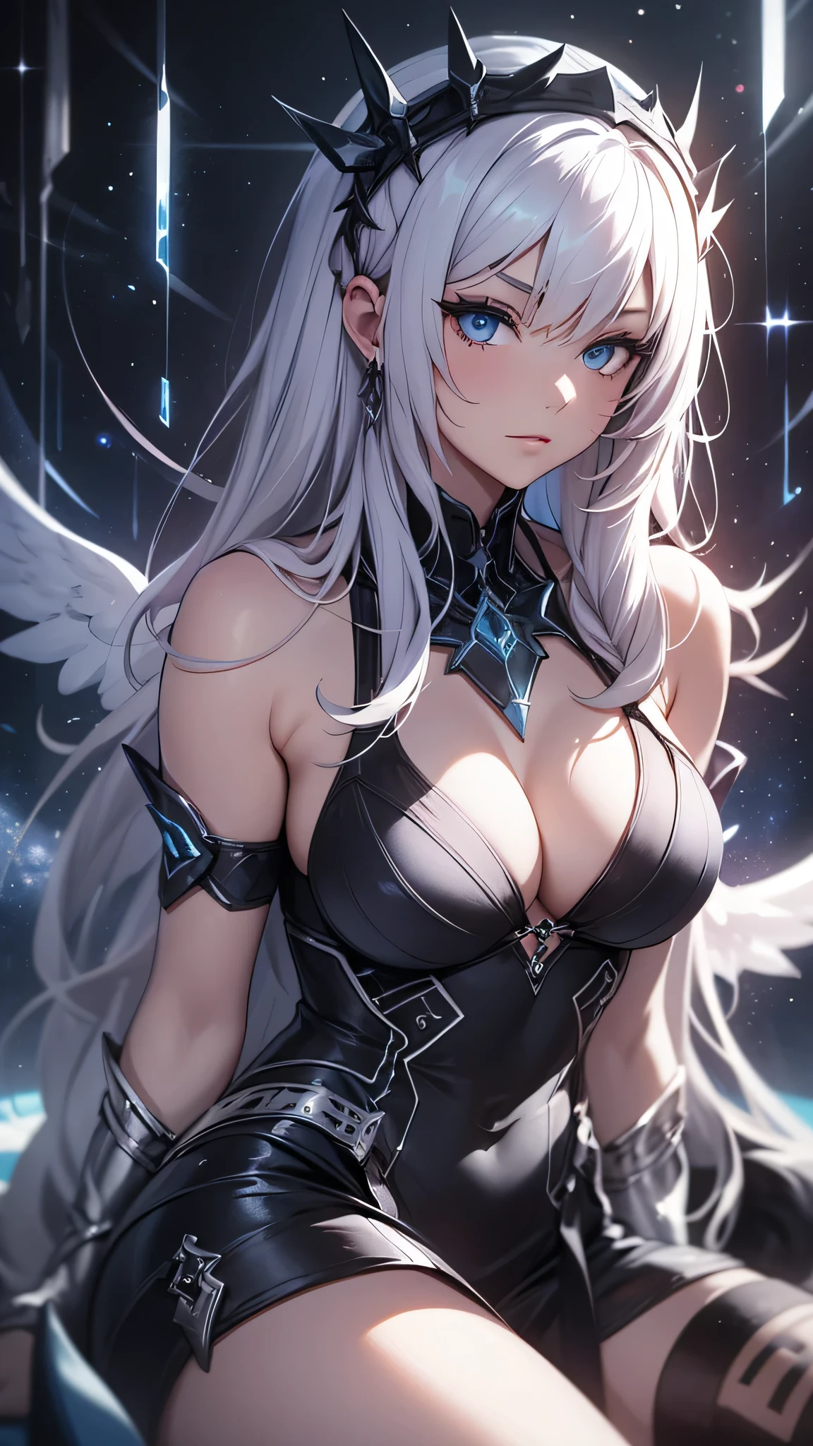 最high quality、best image quality、masterpiece、age girl((18-year-old、 By becoming、vest bust、medium bust,wide open breast tea、black eye, gray hair、long hair、thin,highest valley、Love of the Universe、Cosmic dress、sit、open your legs、Bad attitude)),high quality、beautiful art、background((glowing chair,Lunar surface、Mysterious space、dancing white wings、glowing laser))debris flies、Depth of written boundary、movie、visual art、perfect art、8K,genuine