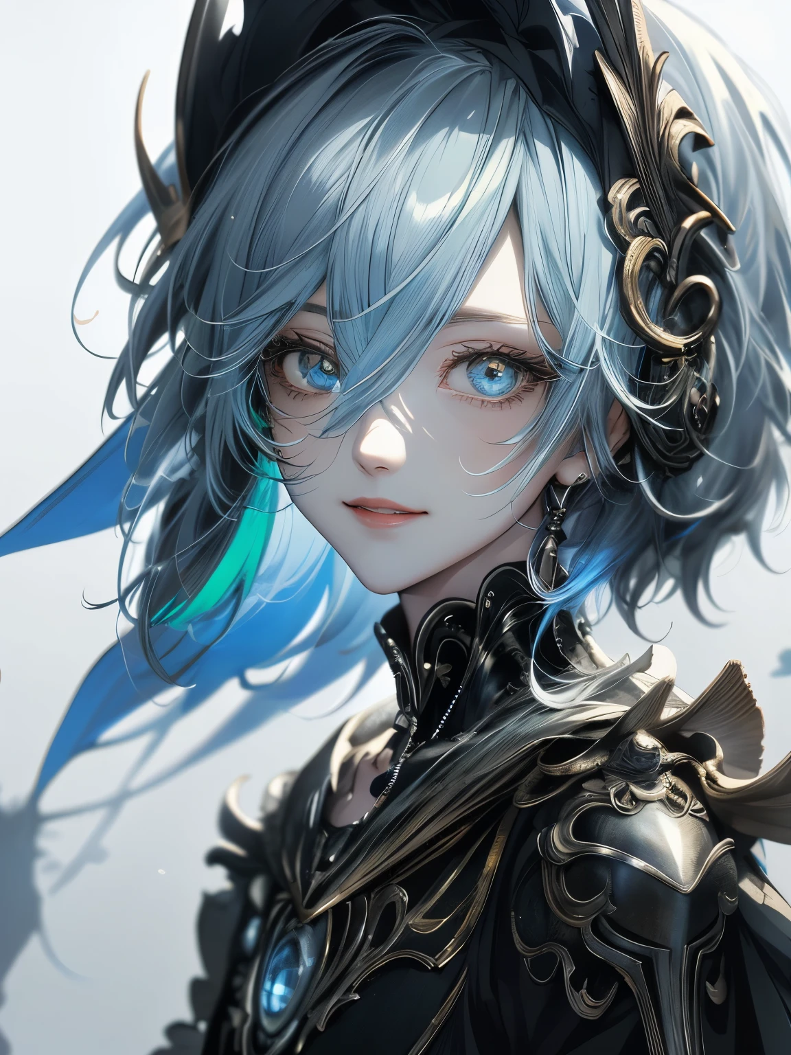 masterpiece: 1.7, highest quality、(Very detailed CG、Super detailed、best shadow:1.3)、solo、Painterly、Sketch、 Texture、ultra high resolution、highly detailed face、Highly detailed eyelat colors、limited pallete、high contrast、real、best lighting、Graceful、leprechaun、Beautiful woman、Black Knight、Wearing armor、green eye rack、A blue rose is blooming in my left eye、Light blue hair、Short hair、He wears a skeleton mask on the side of his head.、Smile a little、white:1.5、
