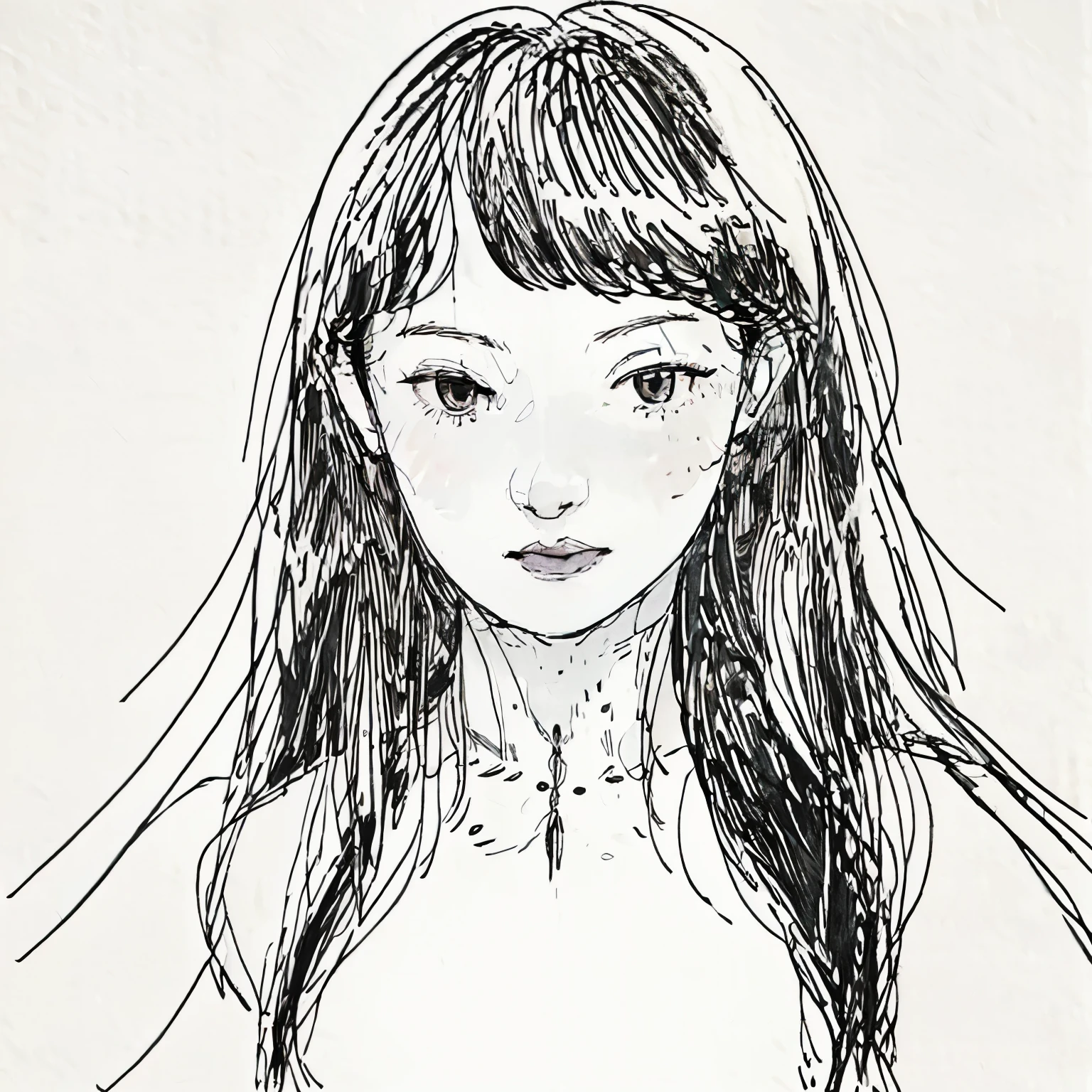 (best quality), line art, An Asian girl with long black wavy hair, plain face, with the shape of the eye of Almond Eyes and thin eyebrows, sharp nose and thin lips