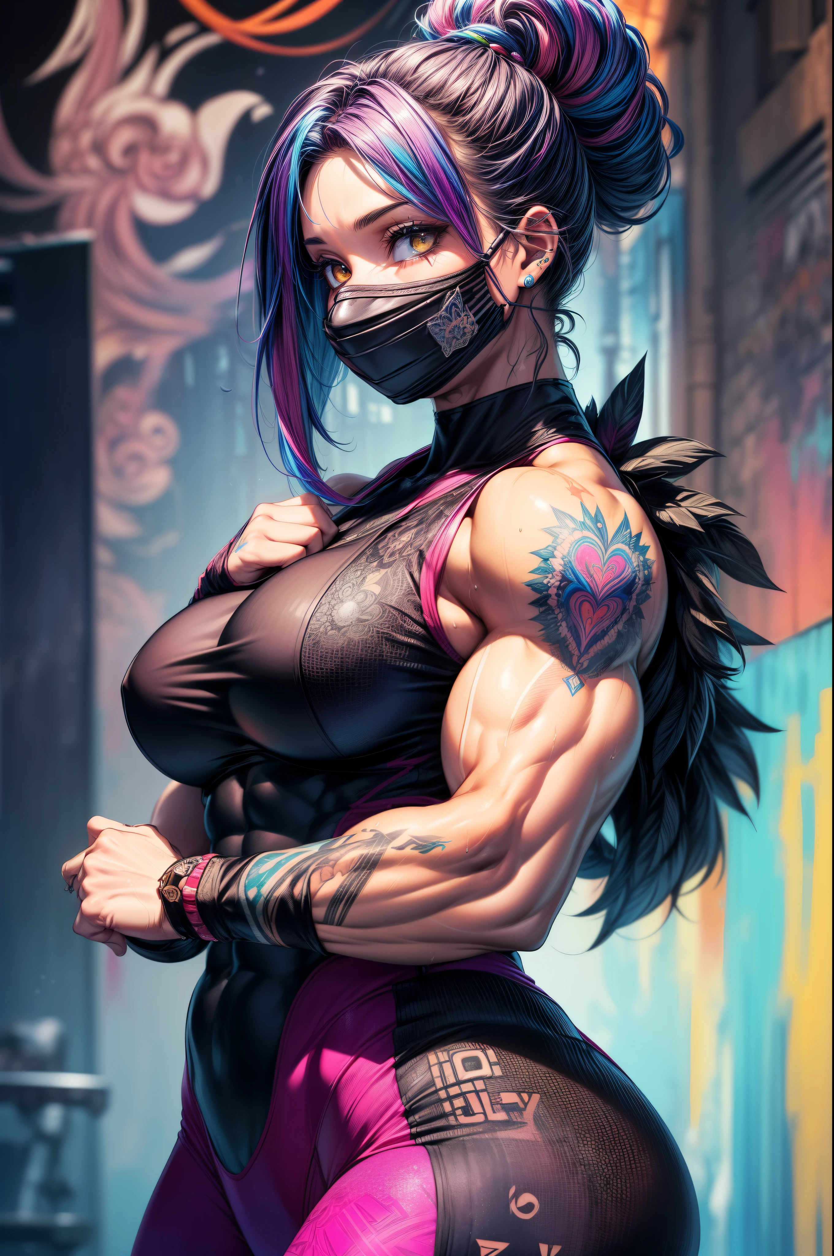 high contrast, (8K UHD:1.2), (photorealistic:1.2),(masterpiece:1.4), (best quality:1.4),extremely detailed wallpaper, highly detailed illustrations, ((1 Girl)) , (super-complex details) official art, unity 8k wallpaper, ultra detailed, beautiful and aesthetic, masterpiece, best quality, (zentangle, mandala, tangle, entangle), (fractal art:1.3) , masterpiece, , intricate detail,((tattoes:1)),((bulking)),covered body, armor medieval,upper body,(body builder crazy muscle:1.6), Fighter, muscular,colorful dress,bob hair,busty,sexy,curvy,crazy abs, upper , from front angle, raised hand, armpit, looking into camera,sweating,wet,((sad eyes)),((tattoes:1.4)),((colorful outfit:1.5)),((unique outfit:1.5))((mouth mask))