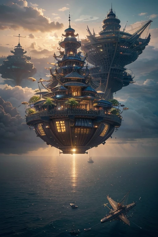 Many islands々is floating in the air、A lot of small airships are flying around, Cities, fantasy, Growing magic plants, extreme details, realistic light, magnificent composition, (intricate details), (Complex design, Super detailed :1.2), art station, (masterpiece, highest quality), Ultra HD, 32k --v 6
