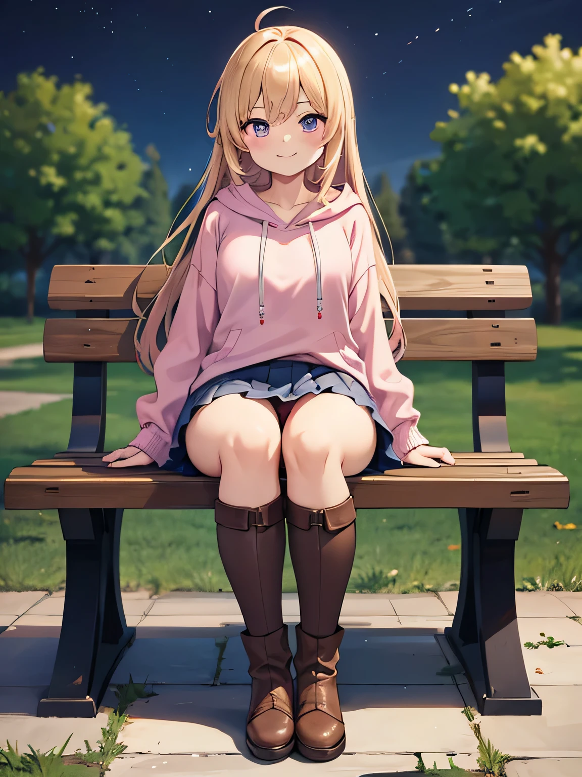 (1) A woman is sitting cross-legged on a bench. The color of the visible pants is red..
(2) She&#39;s a gal, Baby-faced but with heavy makeup. she has long blonde hair.
(3) The woman is wearing a shocking pink hoodie, Purple miniskirt and brown platform boots.
(4) The woman&#39;s expression is a smile.
(5) The location is a park bench at night surrounded by a forest..