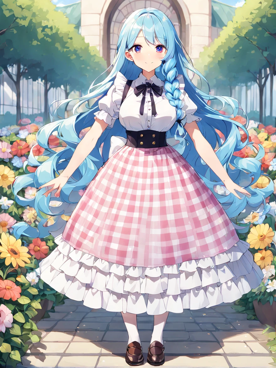 1 girl,
ager,
long hair,
side braid,
pastel hair,blue hair,
silky hair,
wavy hair,
glossy,
pleased,
smaller face,
short,slender,glamorous,
busty,
standing,
maid costume,
blouse,checkered mini skirt,
loafers,
checked gingham,
hair ribbon,
outside,
flower garden,
front view,