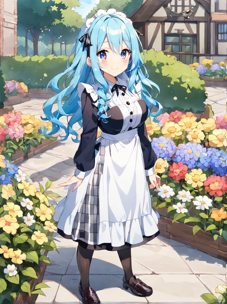 1 girl,
teenager,
long hair,
side braid,
pastel hair,blue hair,
silky hair,
wavy hair,
glossy,
pleased,
smaller face,
short,slender,glamorous,
busty,
standing,
maid costume,
blouse,checkered mini skirt,
loafers,
checked gingham,
hair ribbon,
outside,
flower garden,
front view,