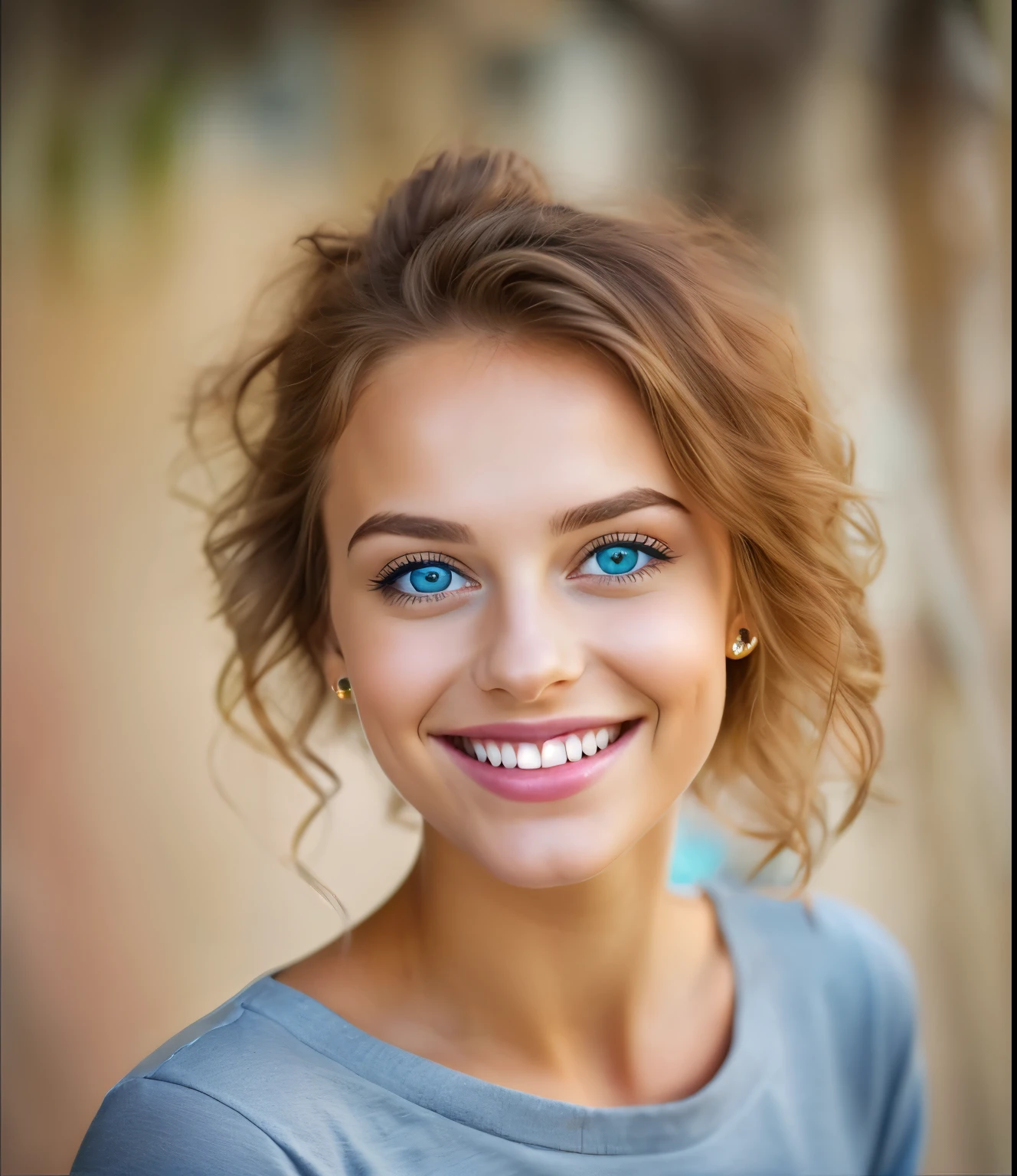 happy young woman, direkt in die kamera schauen, Green/blue natural eyes , Smile, ultra realistisch, fine thin eyebrows, natural makeup, portrait photo