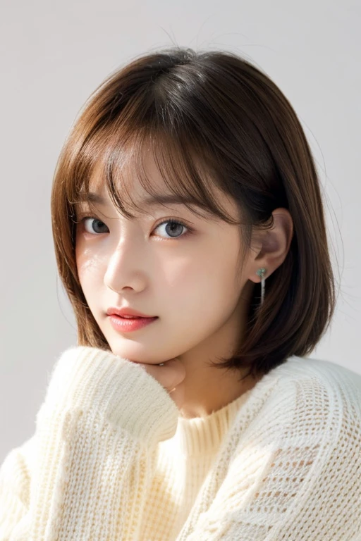19 years old,sweater,white background,bob,girl,highlight,Hair smooth,Natural light,Idol,model,ear hook,face close up