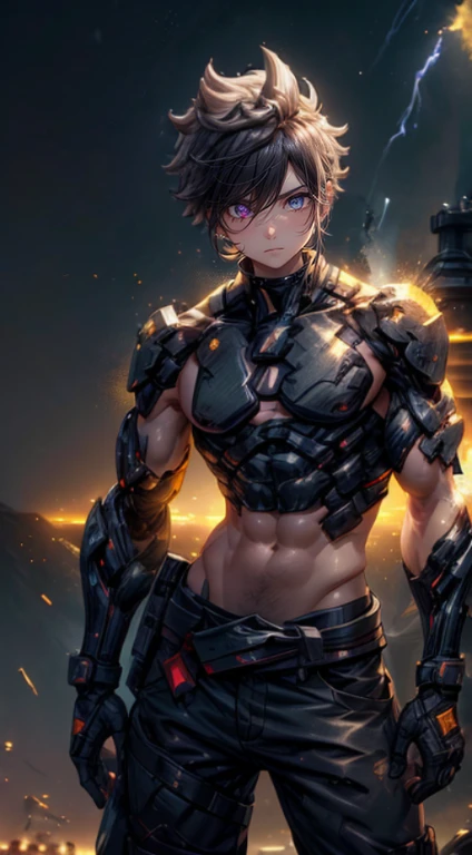 The young Samurai has messy hair, wears a gray sweater that says "HEROES", dark brown leather pants with lots of pockets. Adventurer's shoes, carrying a samurai on his back, hands crossed on his chest, there is a flash of lightning, alert pose, face facing the camera, skyscraper background and shades of black with gold gradations at night. fullbody