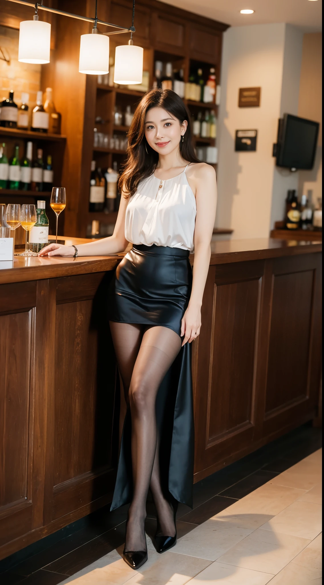 Ulchan-6500-v1.1, (RAW photo:1.2), (Photoreal), (genuine:1.4), upper class bewitching woman、１mature woman、(luxury sleeveless silk blouse:1.2), (super realistic pantyhose:1.2), (Long skirt in satin fabric:1.2)、small luxury lace panties、Pantyhose Focus、Sit at the bar counter、cross your legs、an inviting look、game_ticker, huge file size, High resolution, very detailed, highest quality, [masterpiece:1.6], enlightenment, very detailed,  finely, highest quality, 8k wallpaper, movie lighting, 1 mature woman, 42 years old, perfect body shape, Sareme, beautiful big eyes、Pieck finger, ((muste piece)), highest quality, 1 girl, eye shadow, portrait, (full body shot:1.4)、(very affectionate smile:1.2)、realistic skin texture、shiny skin、exposed thighs!!!