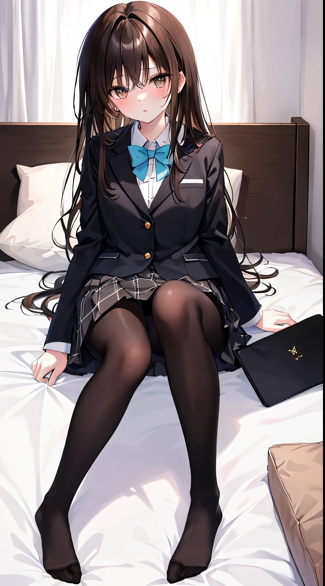 finest, masterpiece, High resolution, (Full body view from head to toe), front, frontやや下からの構図, Symmetrical, 18 year old girl, alone, (whole body from head to toe), small breasts, brown hair, slightly messy hair, long hair, bangs, (black tights), ( (black pantyhose), black pantyhose, sitting with legs spread in the bedroom, (M-shaped legs), show me your white panties, Slender legs, とても美しい18 year old girl, (not wearing shoes), blush, shy big eyes, messy hair, looking at camera, Blazer uniform appearance、Checkered pleated skirt