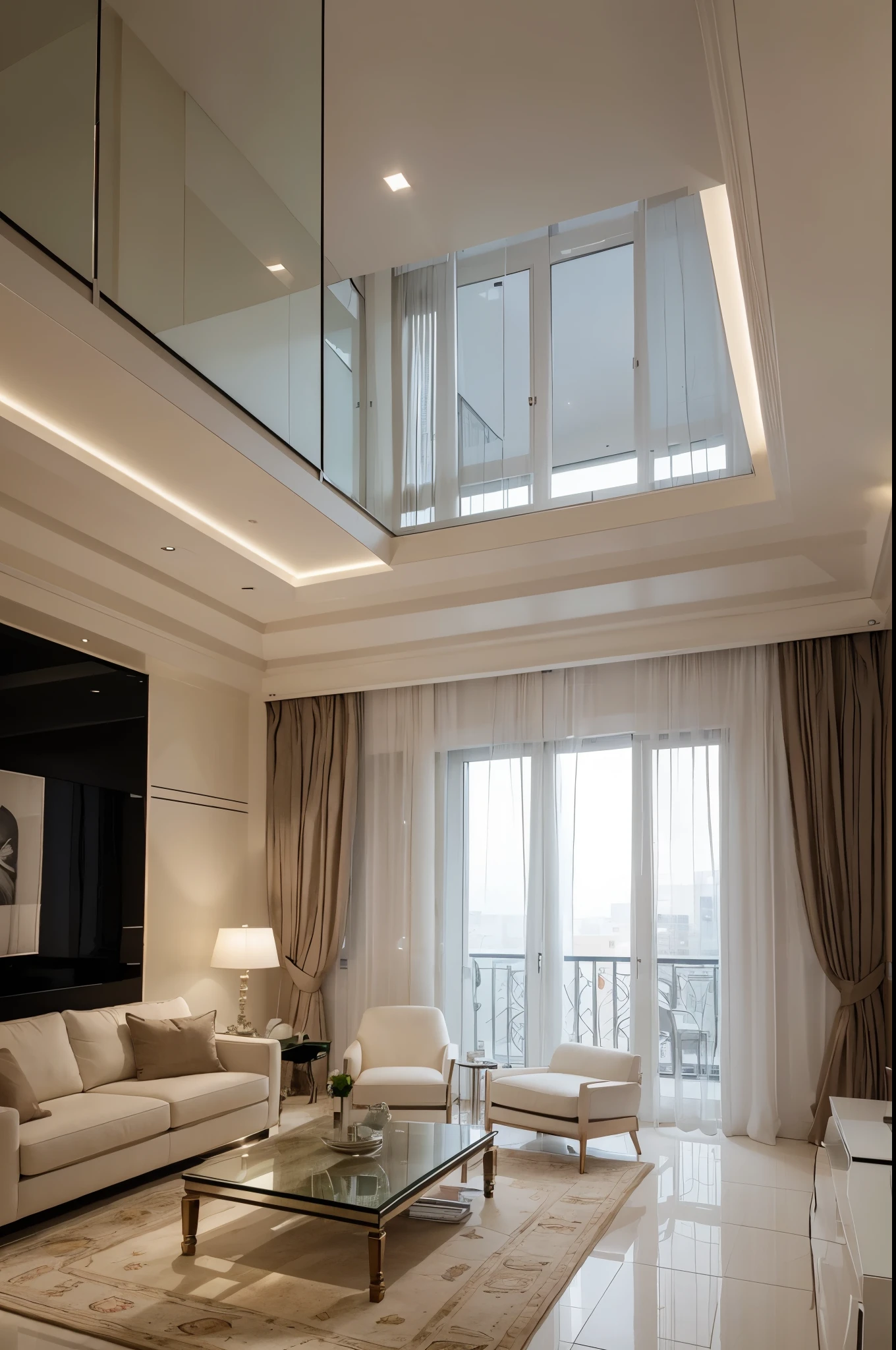 Architectural interior design living room with high walls.. glass wall , white furniture, Elegant interior, Soft lighting and tall curtains, at night