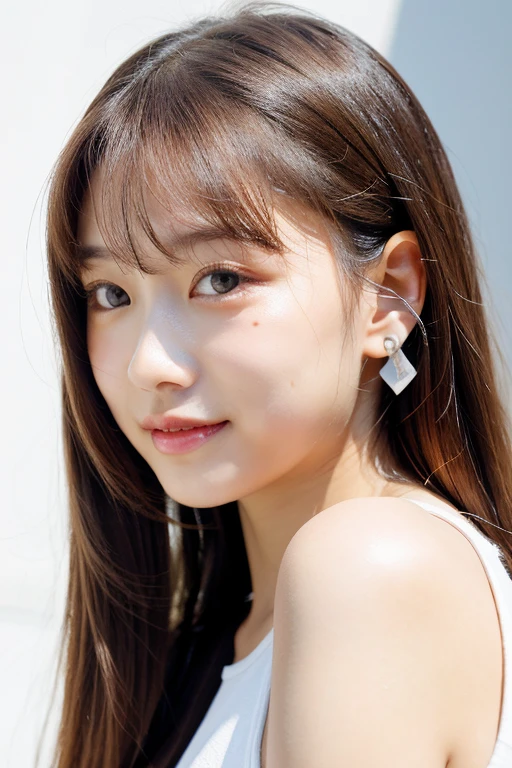 19 years old,white background,semi-long,girl,highlight,Hair smooth,Natural light,Idol,model,ear hook,