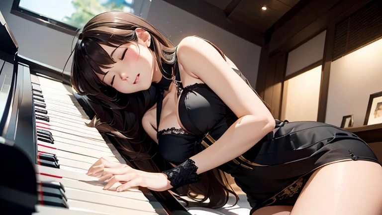 "An anime girl in a short transparent dress and glued to the body, with a Yuri Hentai art style,she is lying on the floor,angry look, ultra-detailed and high quality,ultra realistic."