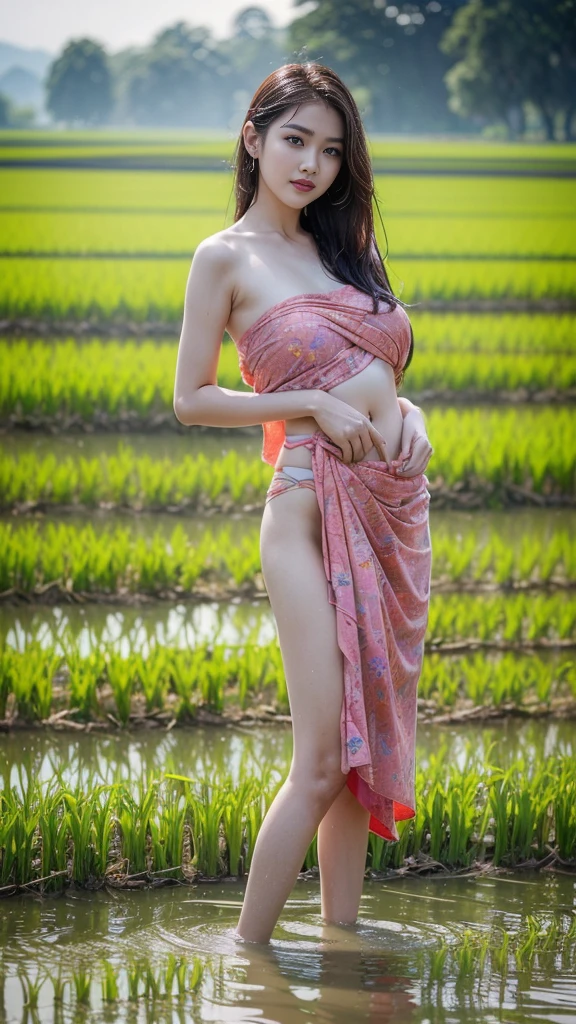 beautiful girl, Korea, 1 person, full body picture, 18-20 years old, (gorgeous face, Face shape., beautiful eyes, Beautiful nose, red lips), (long hair), ((Thai sarong, pink, thin)), ((shower)), ((Huge breasts, breast augmentation, big breast)), (((ผอมthin, ผอมthin, Flat stomach, Beautiful legs, Slender legs), (body drenched), (((no underwear.))), Thai rice field, people, natural, field edge, transplanting rice seedlings