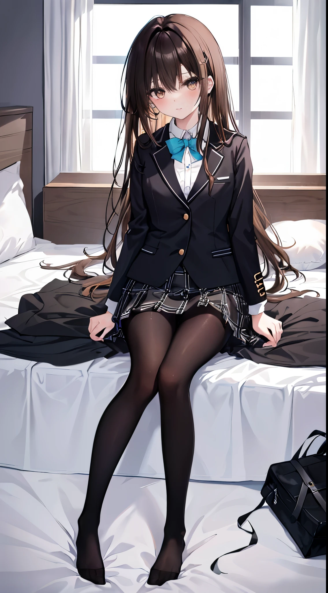 finest, masterpiece, High resolution, (Full body view from head to toe), front, frontやや下からの構図, Symmetrical, 18 year old girl, alone, (whole body from head to toe), small breasts, brown hair, slightly messy hair, long hair, bangs, (black tights), ( (black pantyhose), black pantyhose, sitting with legs spread in the bedroom, (M-shaped legs), show me your white panties, Slender legs, とても美しい18 year old girl, (not wearing shoes), blush, shy big eyes, messy hair, looking at camera, Blazer uniform appearance、Checkered pleated skirt