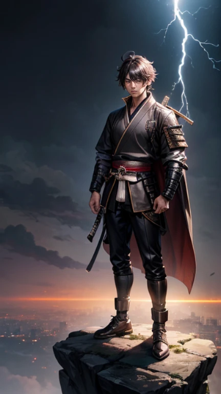 The young Samurai has messy hair, wears a gray sweater that says "HEROES", dark brown leather pants with lots of pockets. Adventurer's shoes, carrying a samurai on his back, hands crossed on his chest, there is a flash of lightning, alert pose, face facing the camera, skyscraper background and shades of black with gold gradations at night. fullbody