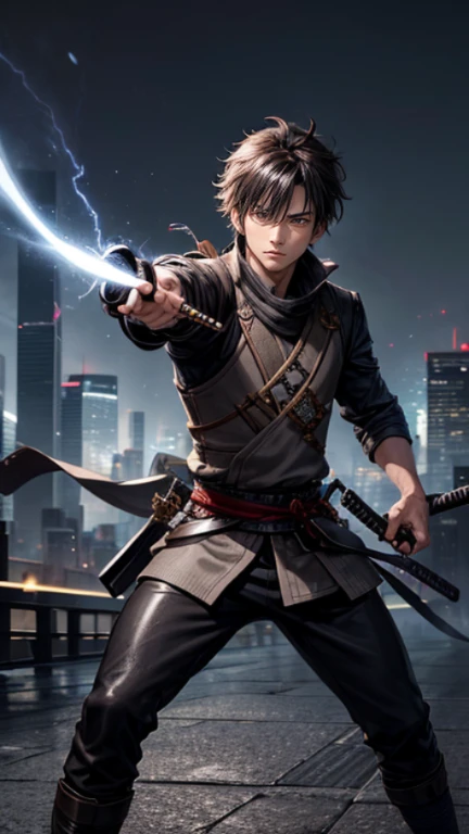 The young Samurai has messy hair, wears a gray sweater that says "HEROES", dark brown leather pants with lots of pockets. Adventurer's shoes, carrying a samurai on his back, hands crossed on his chest, there is a flash of lightning, alert pose, face facing the camera, skyscraper background and shades of black with gold gradations at night. fullbody