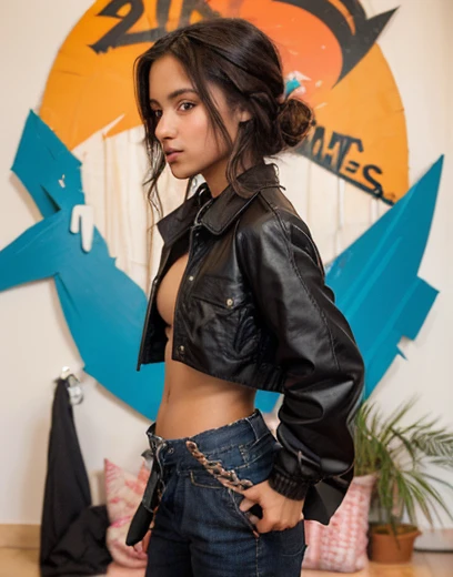 woman. Morocha. Short stature. Cabello negro con dos colitas. Cuerpo delgado. Buen cuerpo campera recortada. Abdomen desnudo. Hip pants. Pierna gruesas.