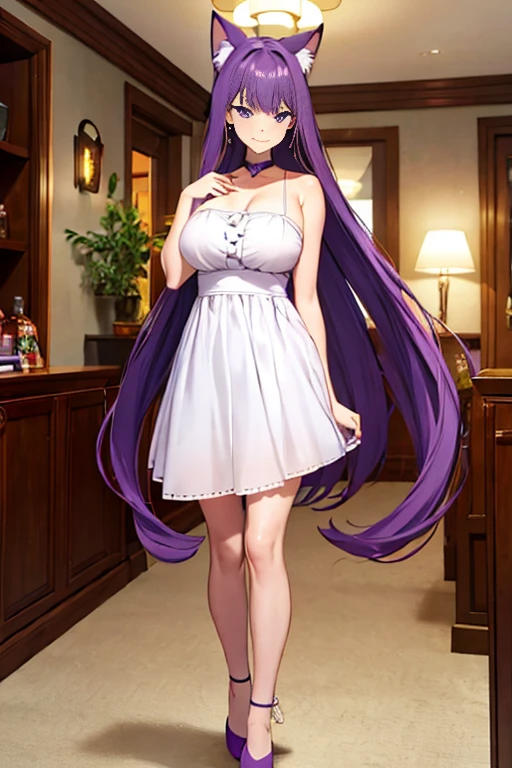 best quality, masterpiece, highres, solo, 1girl, (very long purple hair), purple eyes, cat eyes, detailed eyes, beautiful eyes, fullbody, mature woman, milf, seductive, fox ears, multiple fox tails, smug smile, looking at viewer,big tits, large breasts, busty, fangs, indoor, room, white dress, floral dress, fluffy dress, bare legs, bare arms