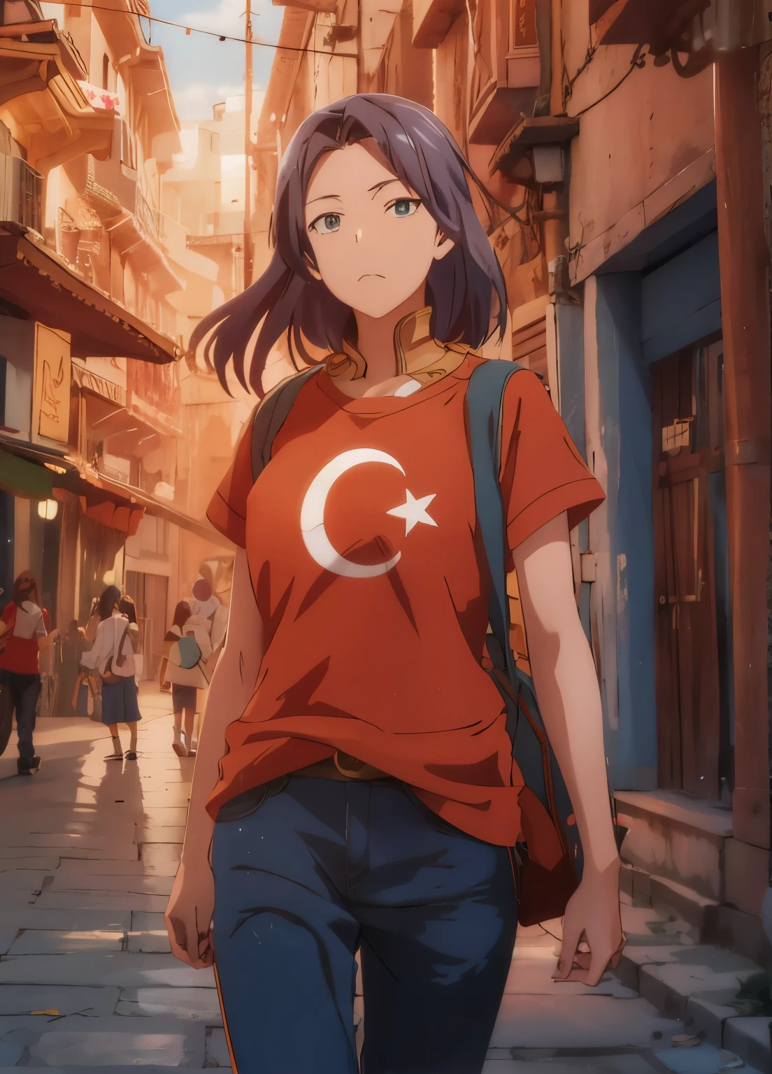 Anime girl wearing a Turkish flag t-shirt