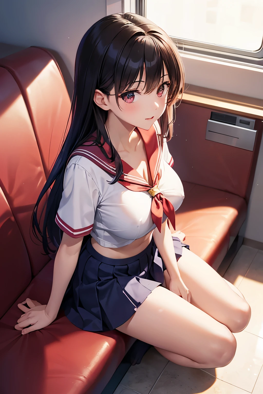 Highest image quality、Sailor Mars、beautiful feet、((slender))、miniskirt、train、sitting in a box seat、Composition seen from the side、Composition looking down from above、((big breasts))、((The nipple protrusions push up the uniform))、cropped tops、You can see her cleavage while wearing the uniform、short sleeve、barefoot、((Wearing mules))、Looking in a different direction