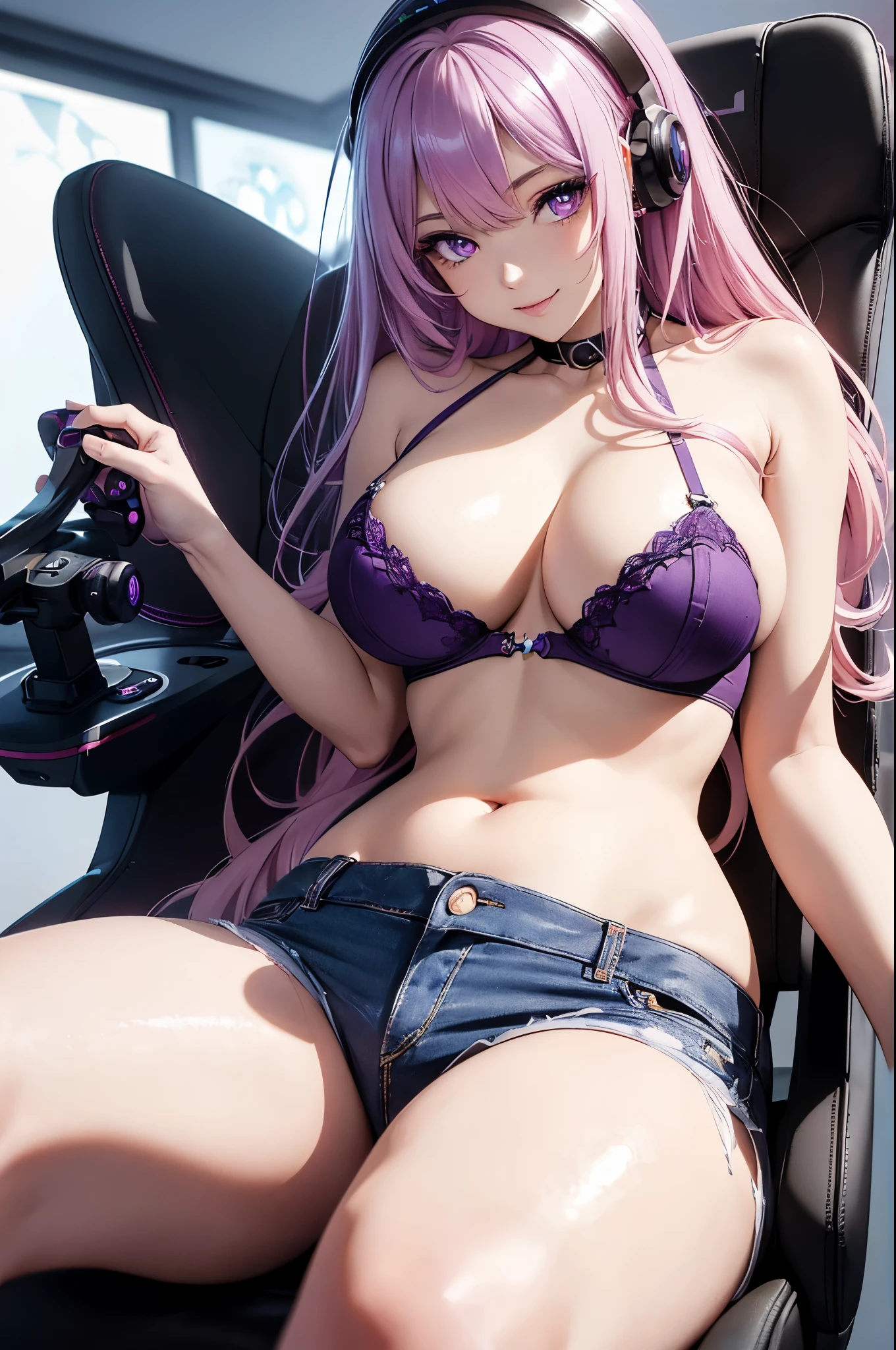 1girl(masterpiece, round_iris, extremely crisp crystalline shiny purple eyes, perfect_anatomy, extremely_captivating_hypnotic_mystic_eyes, ) perfect face, long baby pink hair, smiling evil, wearing bra and jeans, big breasts, sitting on a gaming chair, gaming room, dynamic pose, best quality, 4k, 