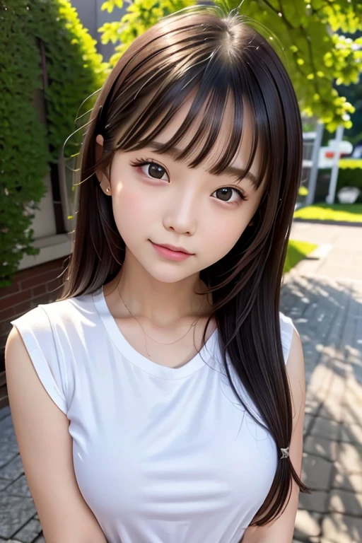 black eyes, dark eyed girl, light in the eyes, top quality, photorealistic, 8K, high resolution, full color, 1 girl, female, female, detailed beautiful face, beautiful skin, white skin, looking In viewer: 1.8, (1 girl's eyes looking at viewer: 1.55), face, T-shirt, slender