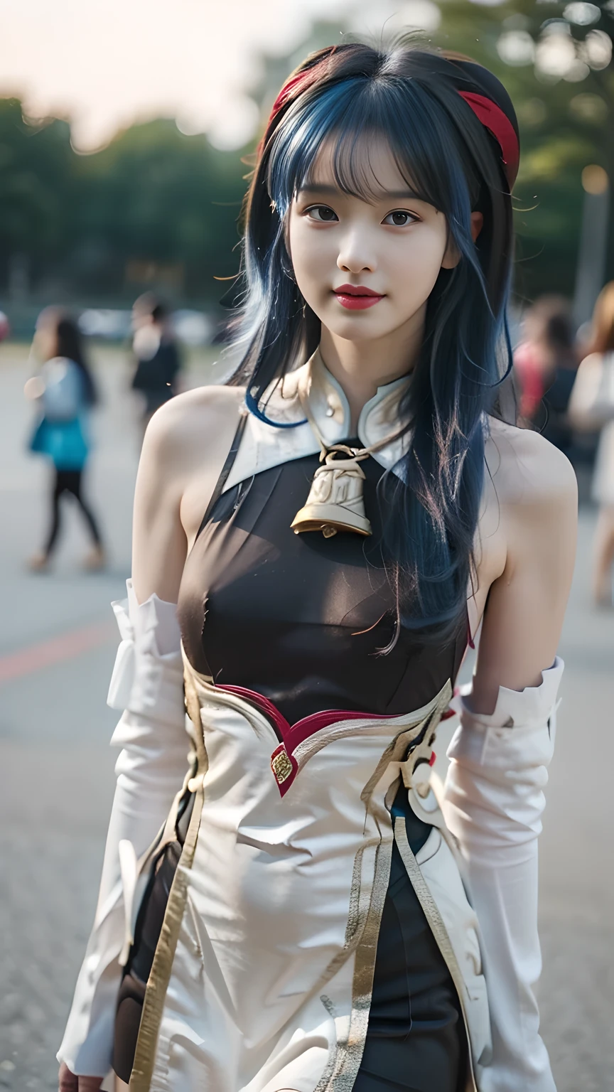 best quality, natural lighting, masterpiece, 1 girl, perfect beautiful face, (photo photo:1.3), edge lighting, photography lighting, (high detail skin:1.2), 8k ultra hd, DSLR, high quality, high resolution, white skin, detailed textured skin, 3/4 body in frame, sexy posing, cute smile face, perfect propotion face, symetric face, eye level shot, 4k, 8k, bokeh, absurd, best ratio four fingers and one thumb, (realistic:1.3), beautiful detailed girl, cute 1girl, blue hair, long hair, bangs, volume hairs, collosal-breast, full looking breast, projecting breast, slim waist, slender, small thighs, perfectly proportion, outdoor background, detailed background, hands behind back, ganyu cosplay costume, cosplay, blue hair, long hair, horns, bangs, ahoge, sidelocks, tight, detached sleeves, gloves, neck bell, chinese knot, tassel, body pose, night view, night lighting, black bodysuit, body stocking, nsfw