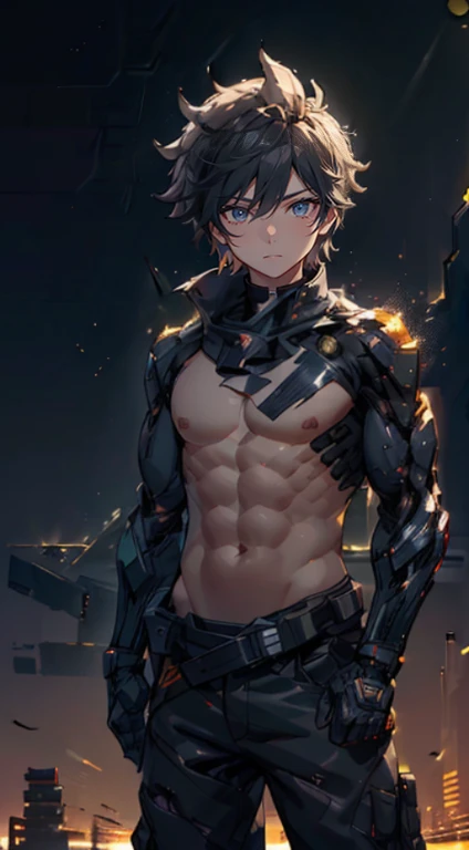 The young Samurai has messy hair, wears a gray sweater that says "HEROES", dark brown leather pants with lots of pockets. Adventurer's shoes, carrying a samurai on his back, hands crossed on his chest, there is a flash of lightning, alert pose, face facing the camera, skyscraper background and shades of black with gold gradations at night. fullbody