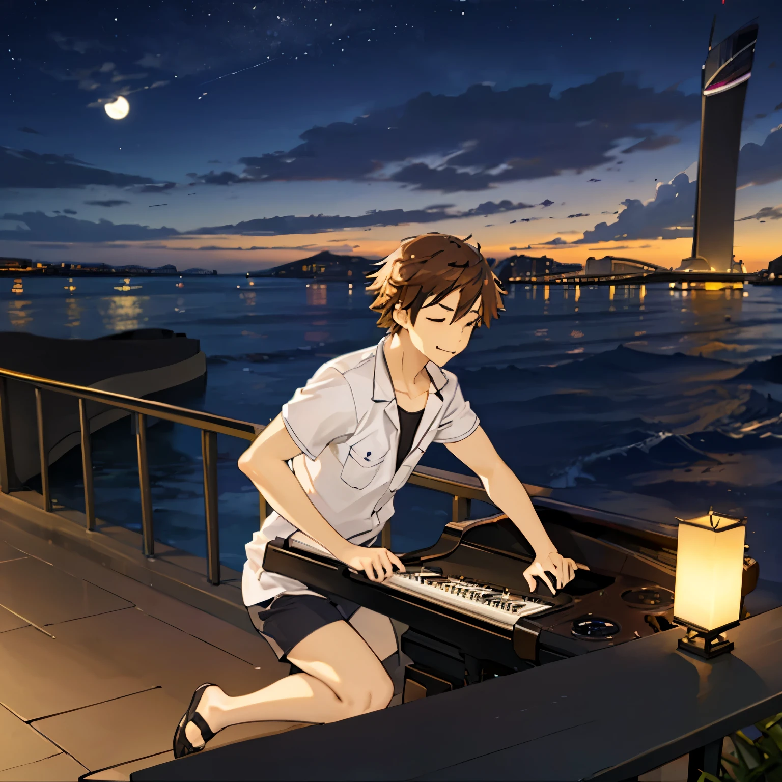 Man playing piano at opera house sydney beach sunset moon shooting stars sun eifel tower japan tower ocean jungle,newyork  time square