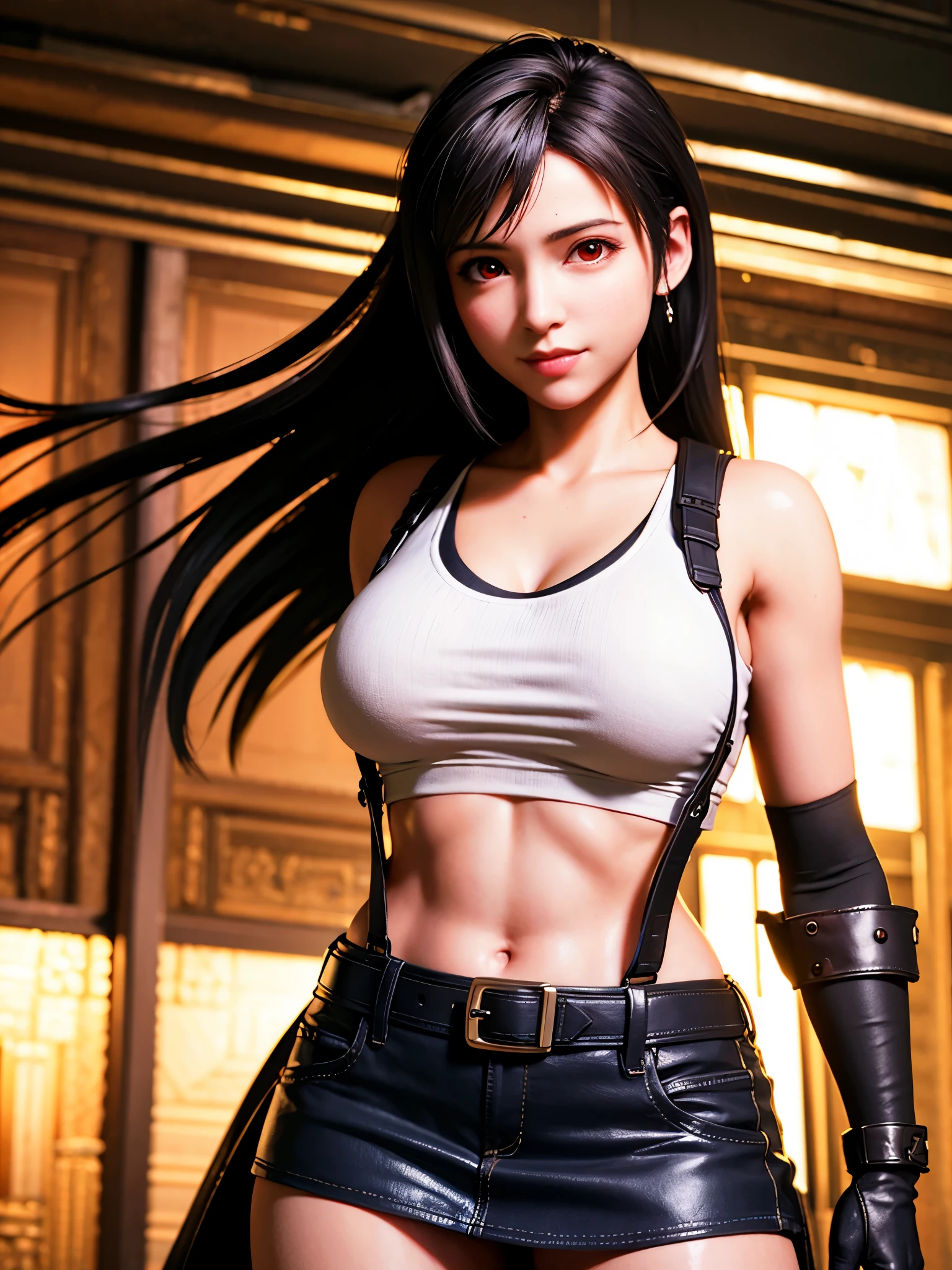 (, blush, 20yo, narrow eyes) (Photorealistic: 1.4), Solo, Top Quality, Very Delicate and Beautiful, High Definition, 1girl, tifa_lockhart, Smile, Cowboy Shot, Suspenders, Low Rise, Mini Skirt, Tank Top, Tense Shirt, Black Hair, Long Hair, Elbow Gloves, Beautiful Detailed Red Eyes, Face Light, Movie Lighting, Navel, ( gigantic breasts: 1.0), old bars, background blurred, fluttering hair, beautiful woman