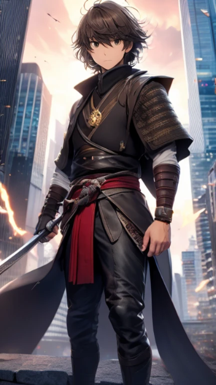 The young Samurai has messy hair, wears a gray sweater that says "HEROES", dark brown leather pants with lots of pockets. Adventurer's shoes, carrying a samurai on his back, hands crossed on his chest, there is a flash of lightning, alert pose, face facing the camera, skyscraper background and shades of black with gold gradations at night. fullbody