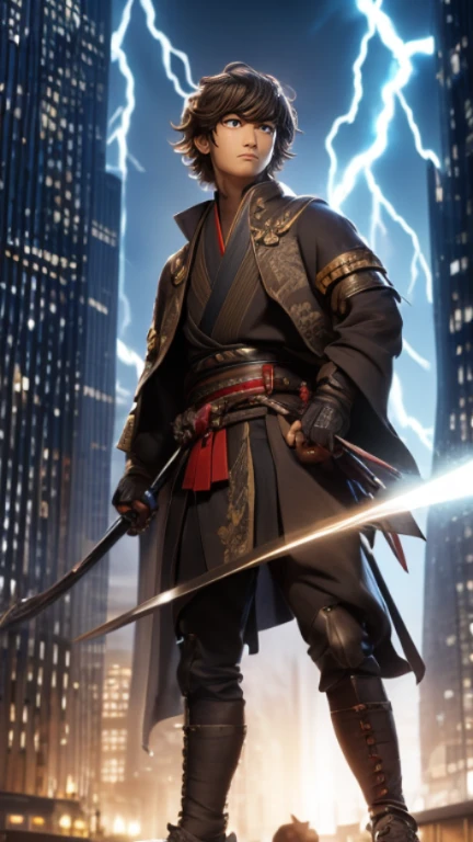 The young Samurai has messy hair, wears a gray sweater that says "HEROES", dark brown leather pants with lots of pockets. Adventurer's shoes, carrying a samurai on his back, hands crossed on his chest, there is a flash of lightning, alert pose, face facing the camera, skyscraper background and shades of black with gold gradations at night. fullbody