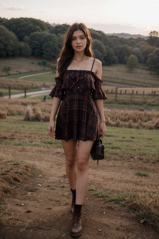 top Quority, tmasterpiece, 超高分辨率, (realisticlying: 1.4), RAW photogr, solo girl, Brown dark hair, farm, dramatic lighting, Full body photo, cowboy dress
