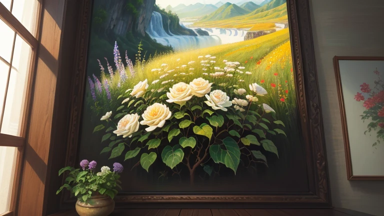 ((best quality)), ((masterpiece)), (detailed), best quality, masterpiece, 浅绿色Oil painting texture背景，light green walls，（two big flowers）,detailed细节，（paper rose），hyperrealistic details，white blossoms，Oil painting texture，8K ultra-clear